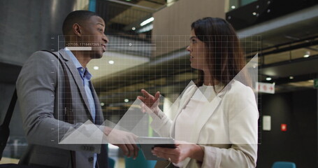 Image of data processing and diagrams over diverse colleagues discussing work in office