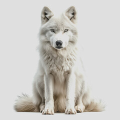 White wolf sitting on the ground with eyes open in a natural setting during daylight