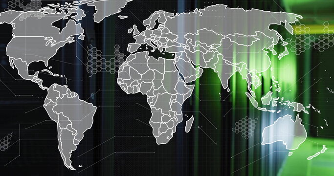 Image of world map and digital data processing over computer servers