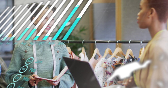 Image of financial data processing over diverse business people in office