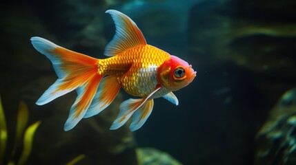 A brightly colored goldfish swims in dark waters.