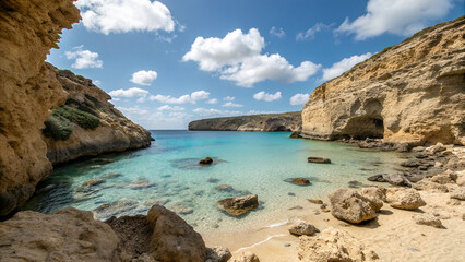 Fototapeta premium Secluded Cove, Turquoise Waters, Sandy Beach, Rock Formations, Sunny Day, Island Paradise, Mediterra
