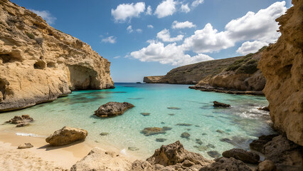 Fototapeta premium Secluded Cove, Turquoise Waters, Sandy Beach, Rock Formations, Sunny Day, Island Paradise, Mediterra