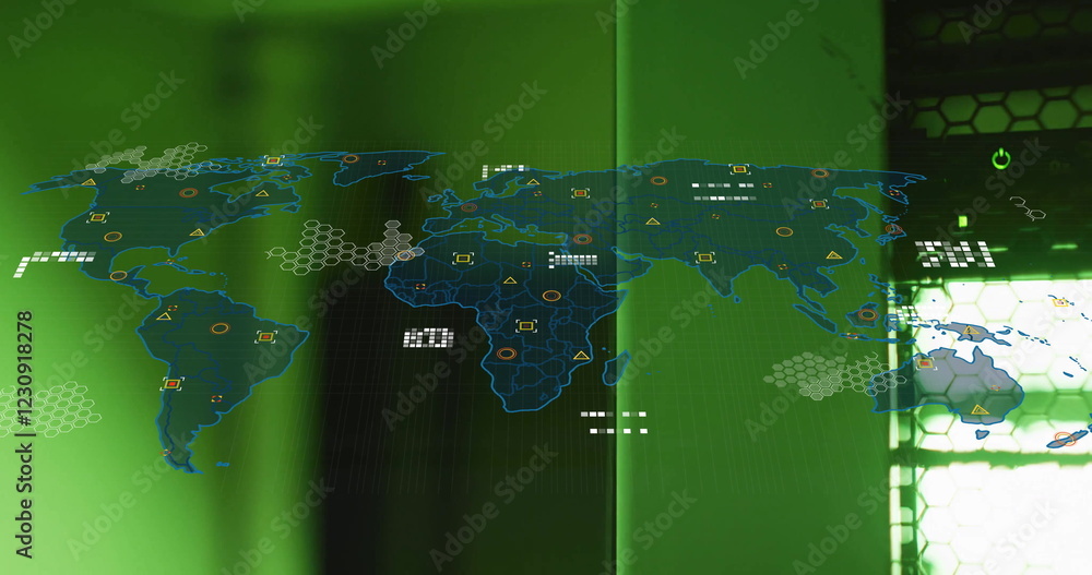 Poster image of world map and digital data processing over computer servers