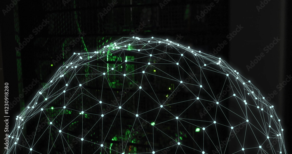 Poster image of spinning globe and digital data processing over computer servers