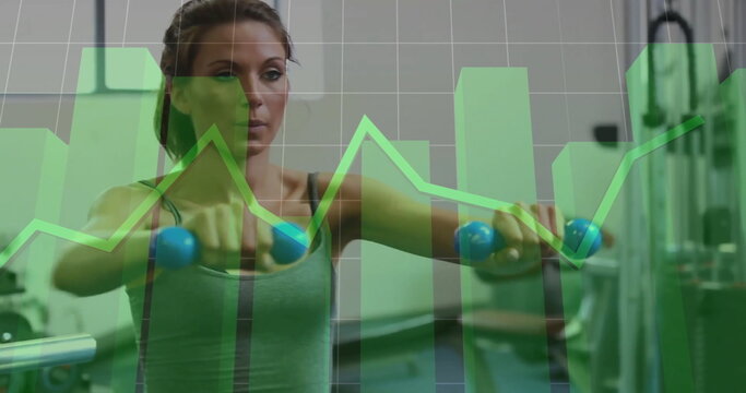 Image of financial data processing over caucasian woman exercising at gym