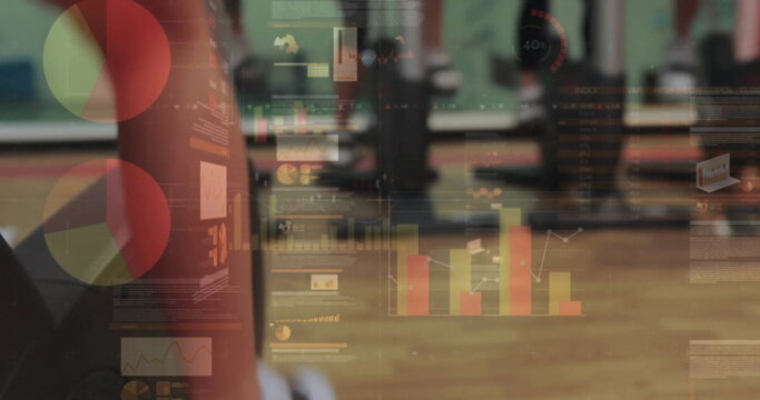 Image of financial data processing over diverse people exercising at gym