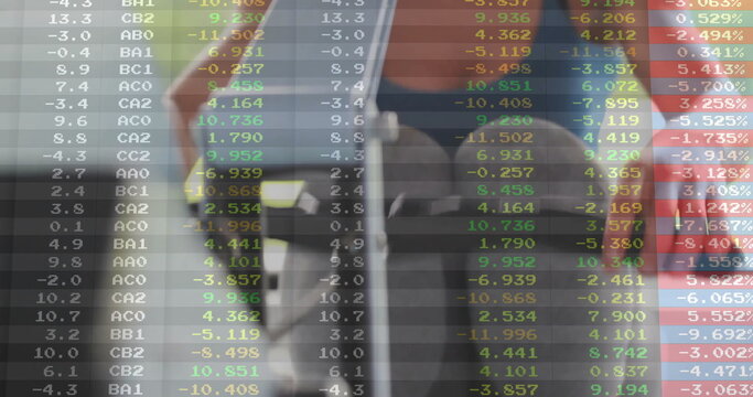 Image of financial data processing over diverse caucasian woman exercising at gym