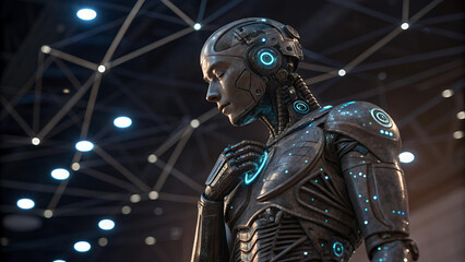 Advanced Robotic Humanoid, Futuristic Design, Metallic Body, Glowing Lights, Artificial Intelligence