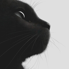 Black cat sitting on a white background looking directly at the camera with bright eyes and alert expression