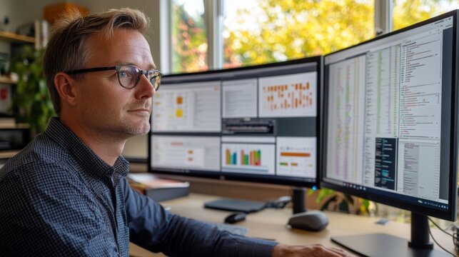 Focused Man Working at Desk with Multiple Computer Screens Showing Data Charts