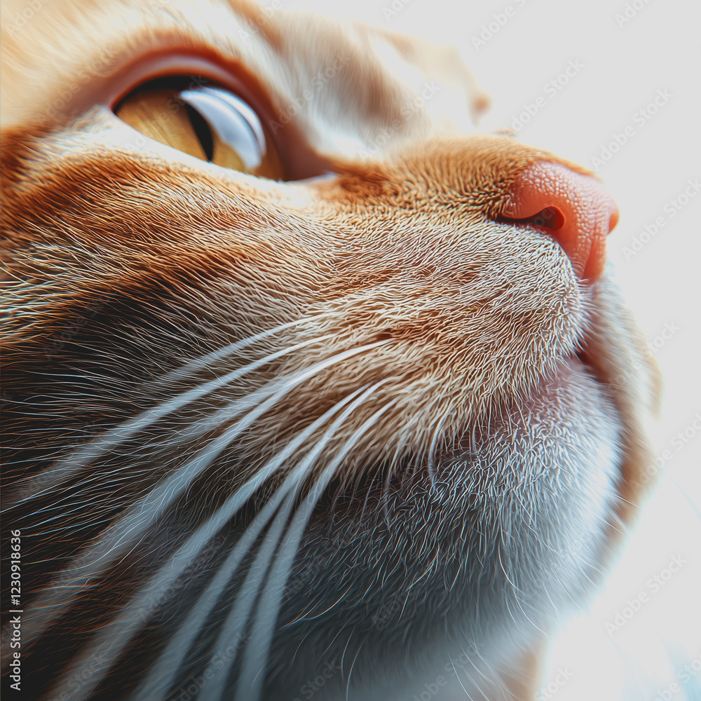 Poster close up of a cat face showing detailed features and expressions with whiskers and fur texture in na