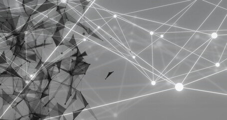 Image of network of connections over shapes moving