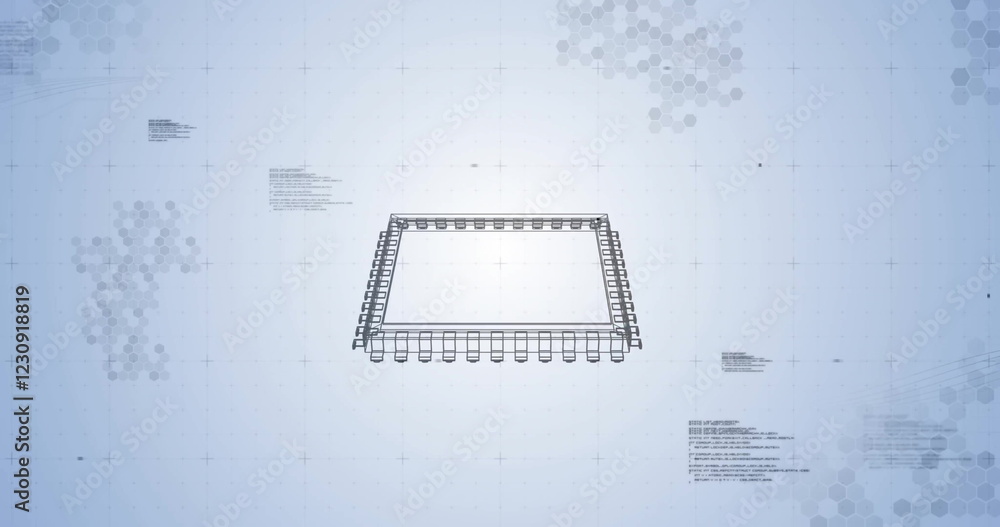 Poster image of circuit board and data processing over white background