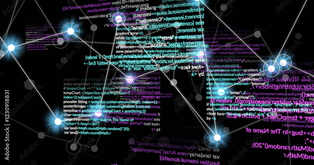 Poster image of data processing and connections on black background