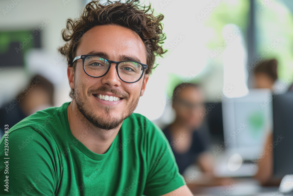 Aufkleber man with glasses smiling at the camera in a casual setting with a friendly expression and a clear vi