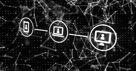 Image of network of connections and data processing over black background