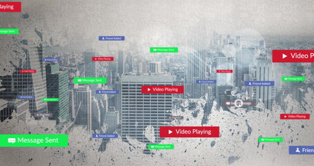 Image of digital data processing and icons over cityscape