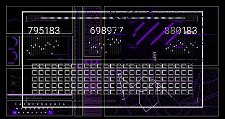 Image of data processing and diagrams on black background