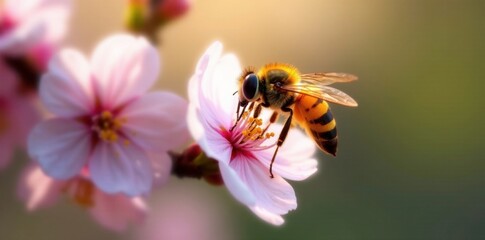 Yellow hoverfly sipping nectar from cherry blossom, spring, wildlife