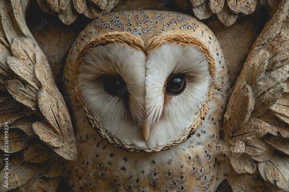 Poster close up of a barn owls face capturing intricate features and expressions in natural light