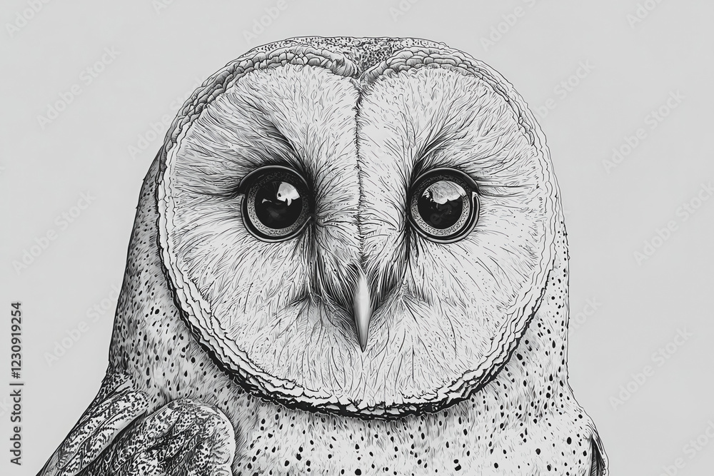 Poster detailed drawing of an owl featuring large expressive eyes perched on a branch against a plain backg
