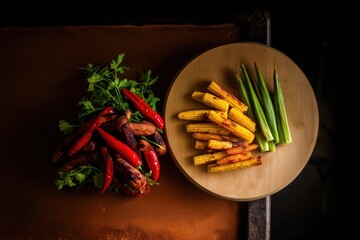 Grilled corn wedges arranged in a radial pattern on a wooden plate with chili peppers and green onions