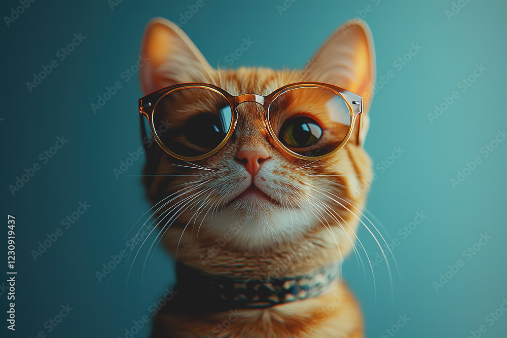 Poster cat with glasses sitting on a table looking curiously at the camera in a cozy indoor environment wit