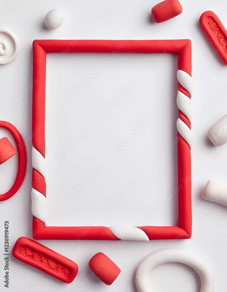 Poster a vibrant abstract background showcases a red and white play doh frame surrounded by playful shapes.