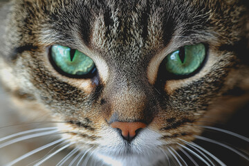 Close up image of a domestic cats face featuring striking green eyes and detailed fur texture in natural light