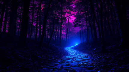 Enchanted Forest Path Night Sky, Stars, Glowing Trail, Magical Trees