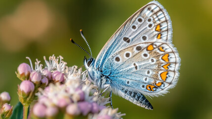 Obraz premium close up of butterfly resting on pink flowers, showcasing its vibrant blue and orange patterns. delicate wings and intricate details highlight beauty of nature