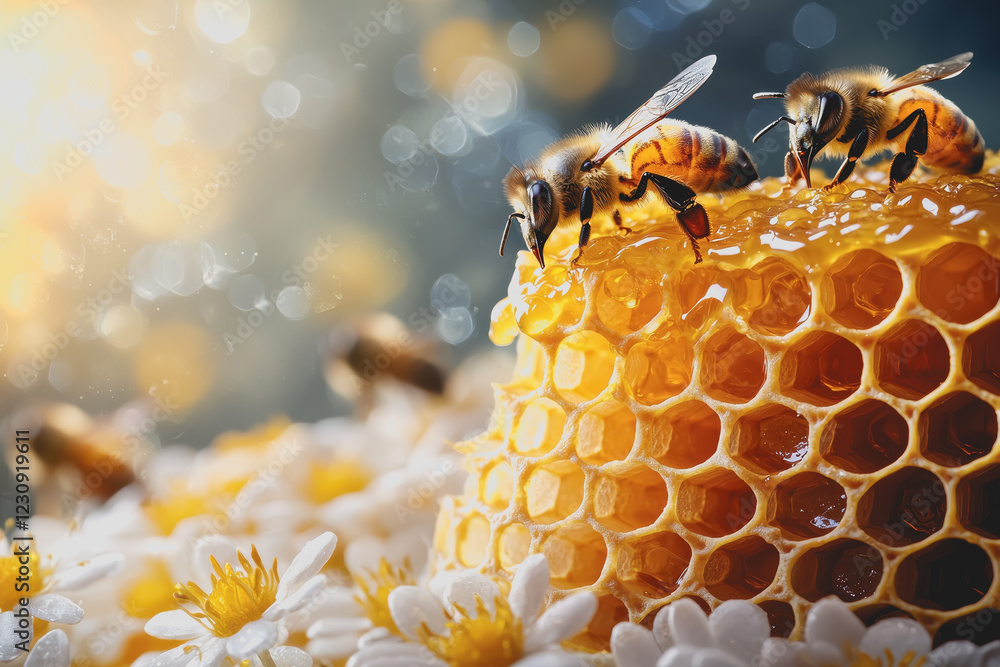 Poster close-up of two bees collecting nectar on honeycomb in a natural setting with hexagonal wax structur