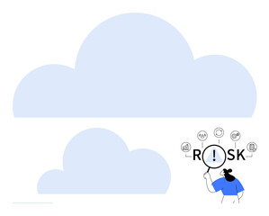 Woman examines RISK with a magnifying glass, surrounded by data, cloud tech, and security icons. Ideal for cybersecurity, cloud solutions, digital risk, analysis, problem-solving innovation