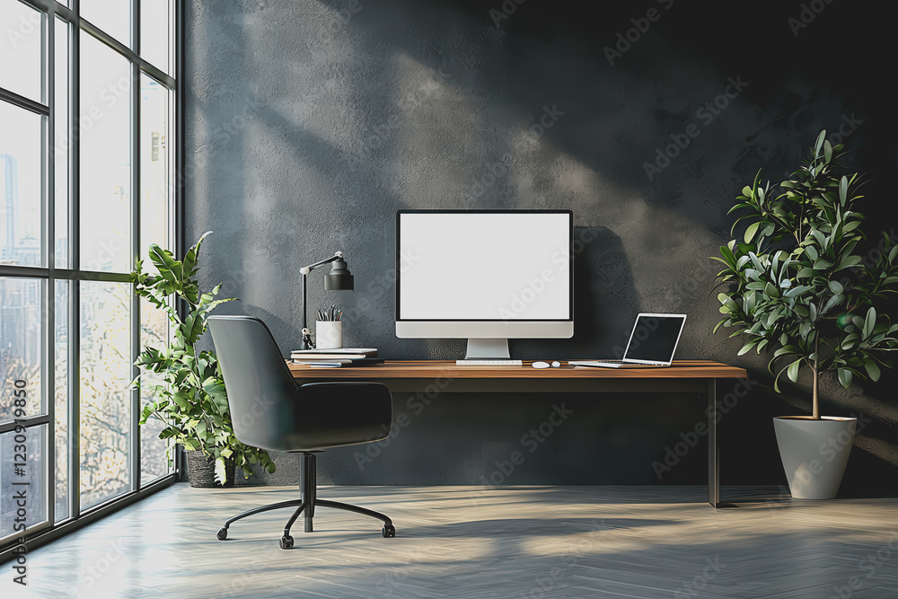 Poster workspace with a computer setup plant on desk organized office environment showcasing technology and