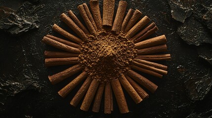 Cinnamon Sticks and Powder Arranged in Circular Pattern on Dark Surface Spices Still Life.