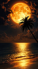 Tropical Sunset Beach Scene with Huge Orange Blood Moon
