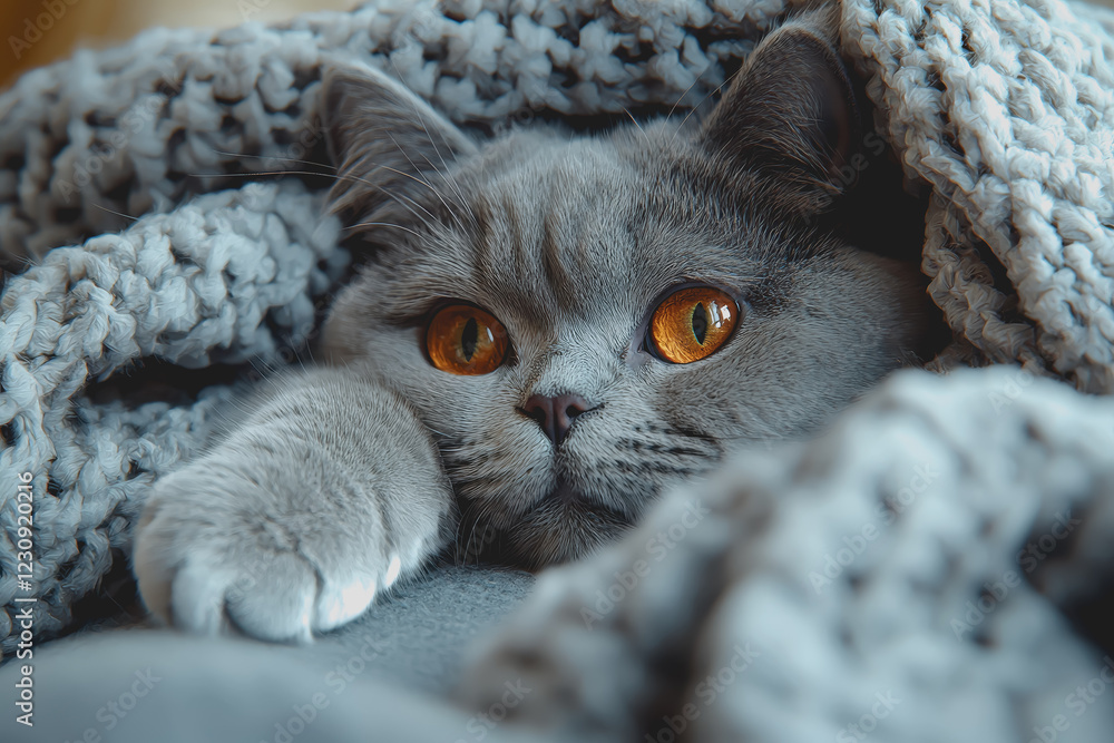 Poster a cat hiding under a soft blanket with only its head visible and looking out curiously creating a co