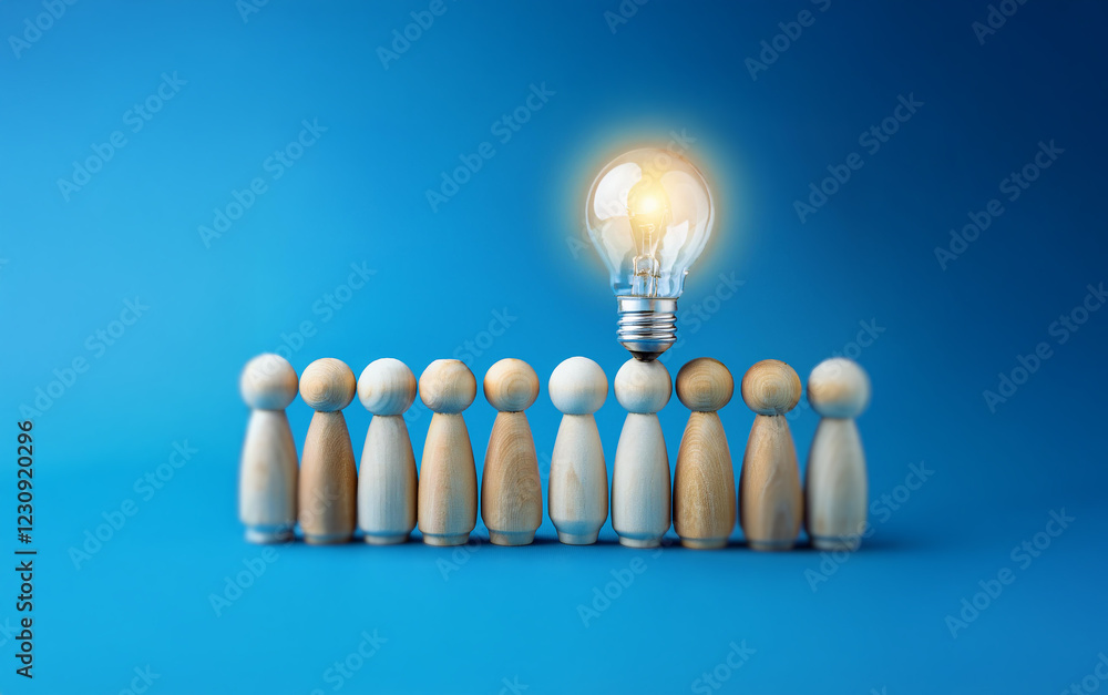 Poster a single light bulb sits atop a wooden figure, standing out from a row of similar figures against a 