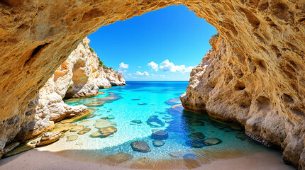 Fototapeta premium Secluded Cove, Turquoise Waters, Sandy Beach, Rock Formations, Sunny Day, Island Paradise, Mediterra