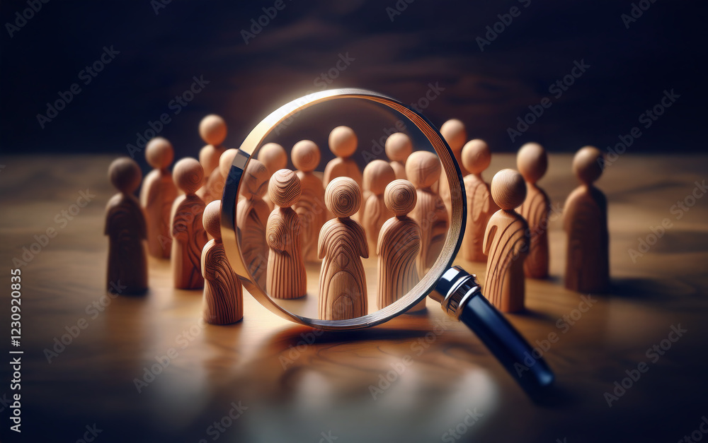 Poster a magnifying glass focuses on a group of wooden figures, highlighting a few while the rest blur into