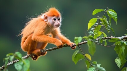 Fototapeta premium Orange Furry Young Monkey on Green Branch
