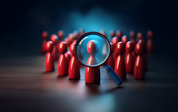 A magnifying glass is focused on a single red figure surrounded by other red figures.