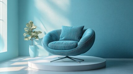 Teal armchair on pedestal in blue room.