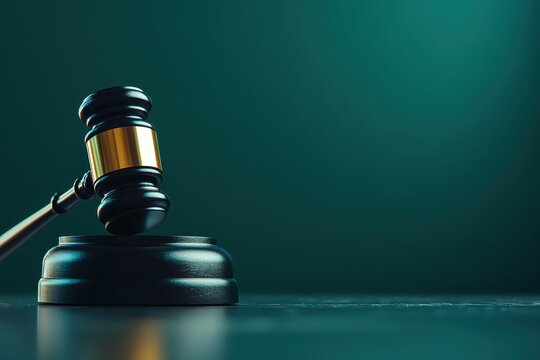 Elegant gavel resting on wooden block with blurred green background in courtroom setting