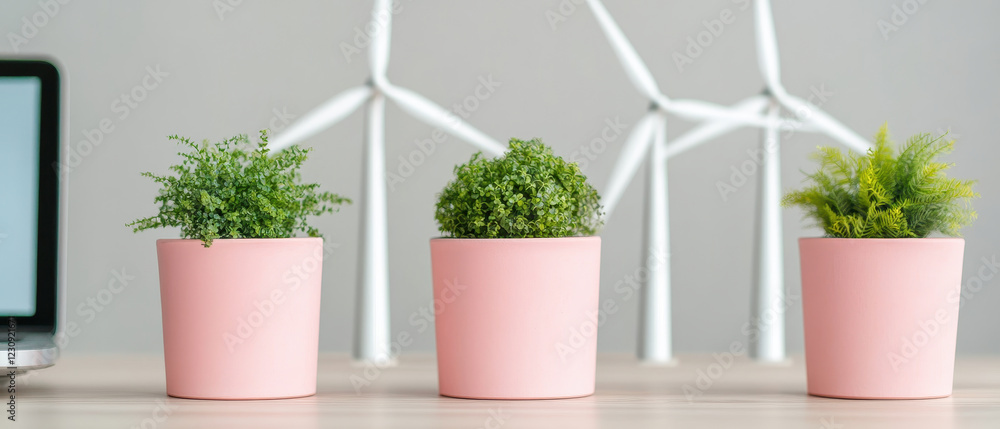 Poster Green plants in pink pots with wind turbines in background create refreshing workspace atmosphere. This setup emphasizes sustainability and connection to nature