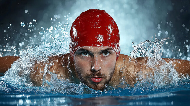 Competitive swimmer in red cap splashes through water in dynamic race, focused expression