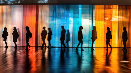 A vibrant digital art installation featuring silhouettes of diverse people in motion, each panel showing a different cultural expression in dynamic color transitions, sleek and modern design