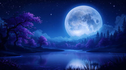 A digital painting depicts a tranquil lakeside scene at night. A large, pale moon illuminates purple trees, a calm lake, and a starry sky. The scene is serene and mystical.