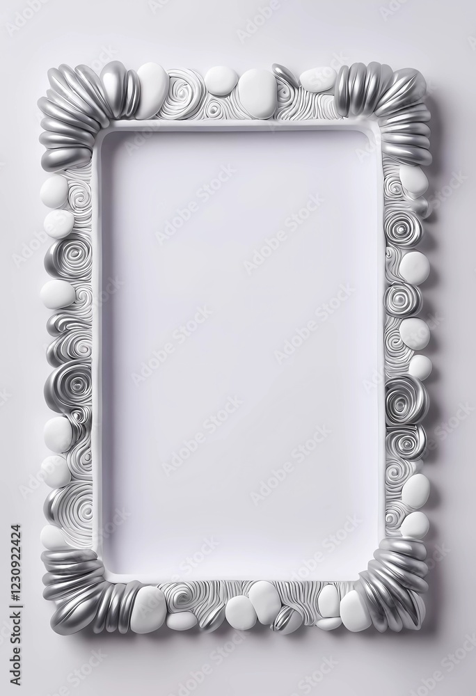 Poster a rectangular frame adorned with various silver and white stones, showcasing a light grey background